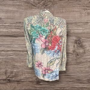 Aratta Women's Silent Journey Floral Paisley Embroidered 3D Button Up Top  XS